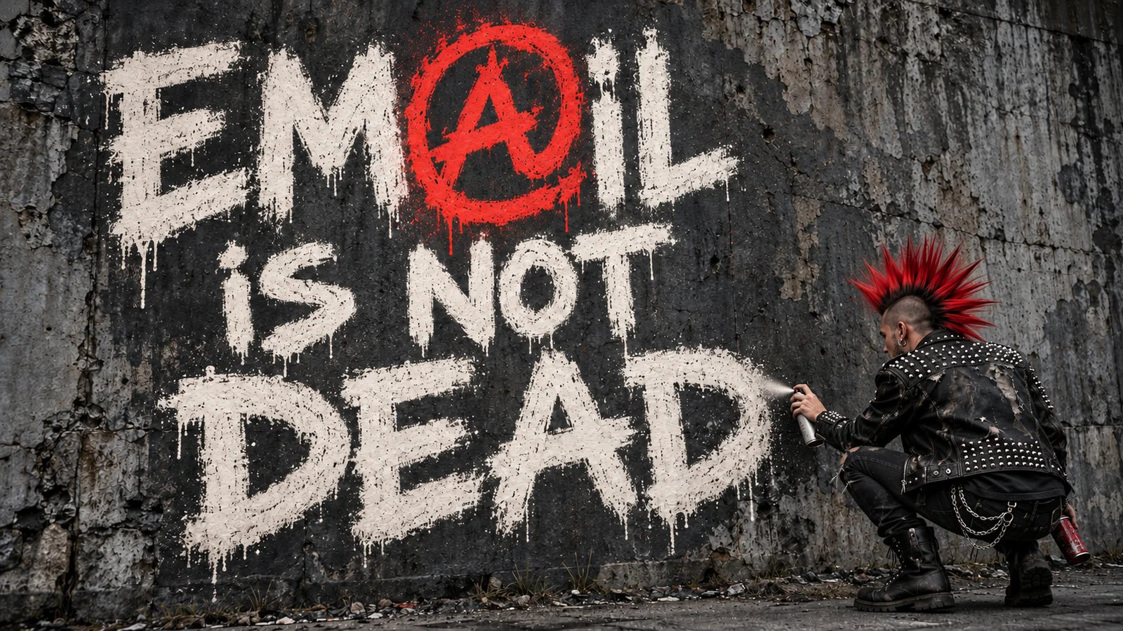 A punk with a red mohawk crouches beside EM@IL IS NOT DEAD graffiti, finishing the final D with white spray paint.
